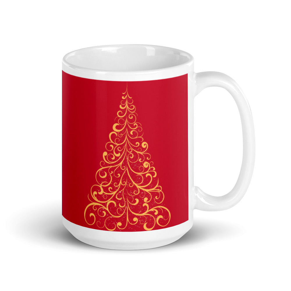 Gold Scroll Christmas Tree Red Mug, lioness-love